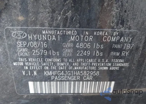 2017 Hyundai Azera из США, поврежденный, VIN KMHFG4JG1HA582958